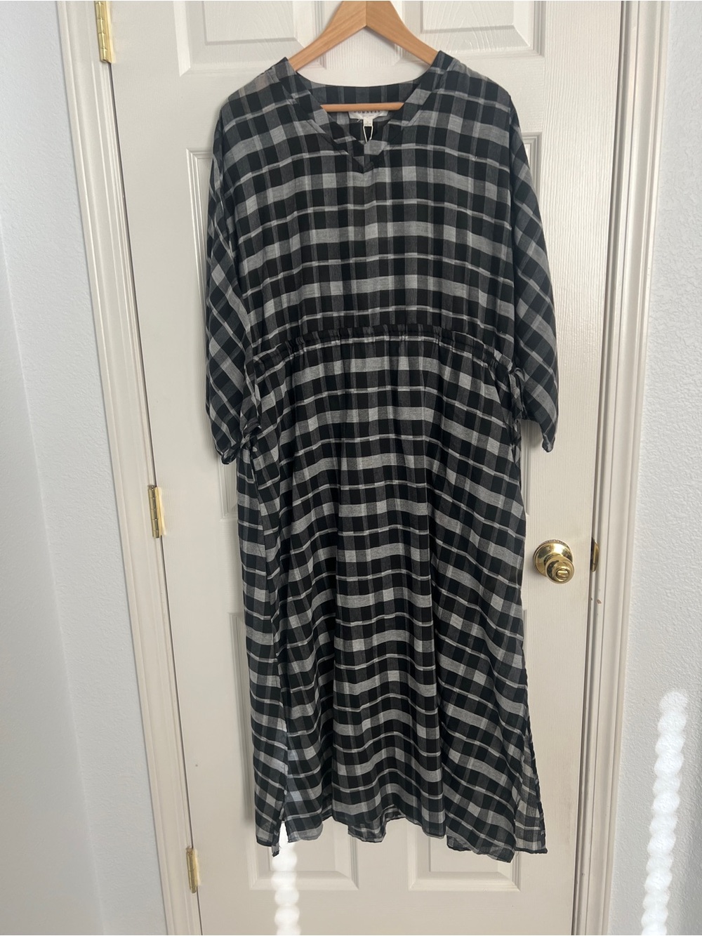 DownEast Black Gray Plaid Cottagecore Midi Dress Large